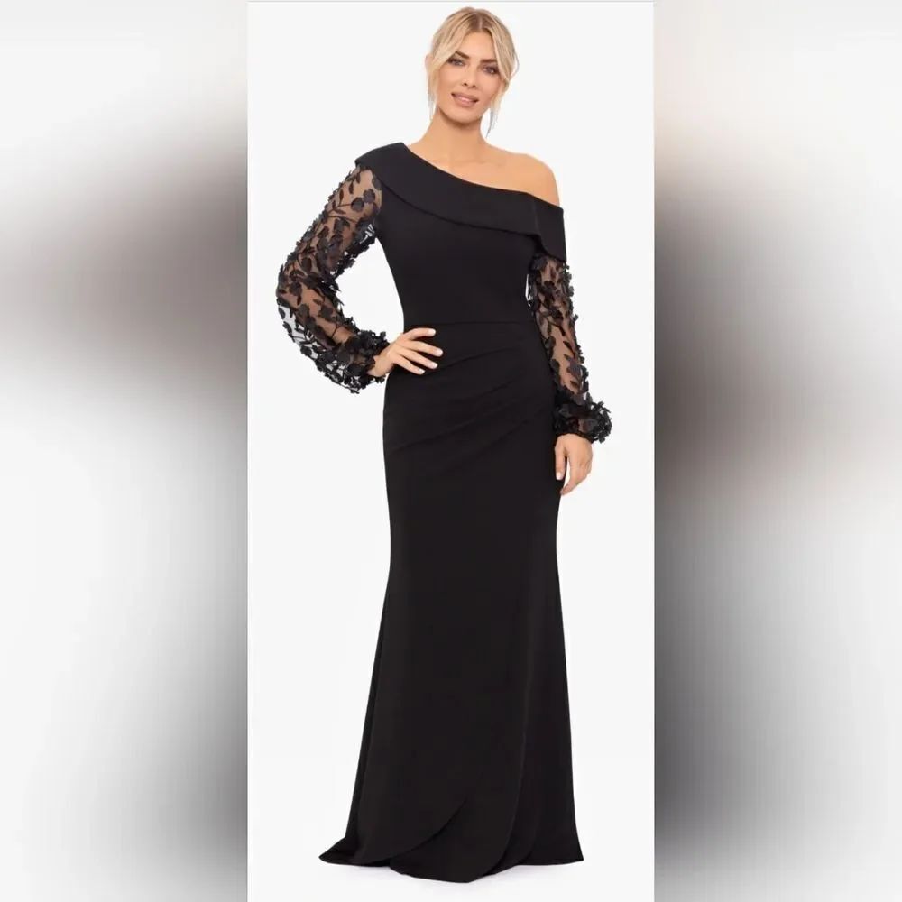Xscape Ariana Off the Shoulder Long Sleeve Scuba Crepe Gown NWOT Size 4 Black